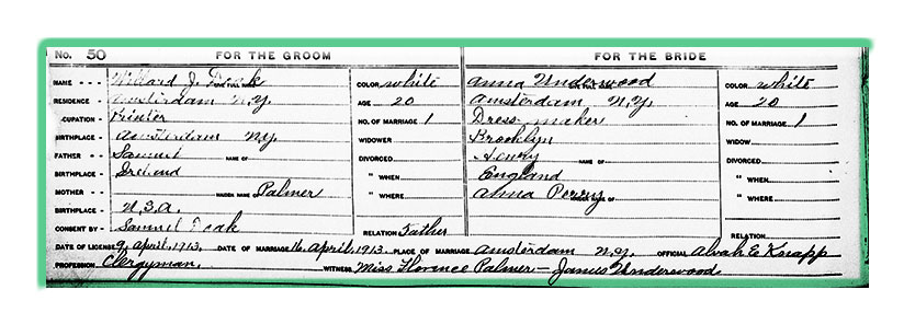 Annie Underwood and Williard Doak  Marriage License New York
