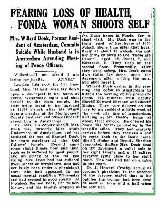 Article from Amsterdam Recorder 13/6/1929 Annie Doak Suicide