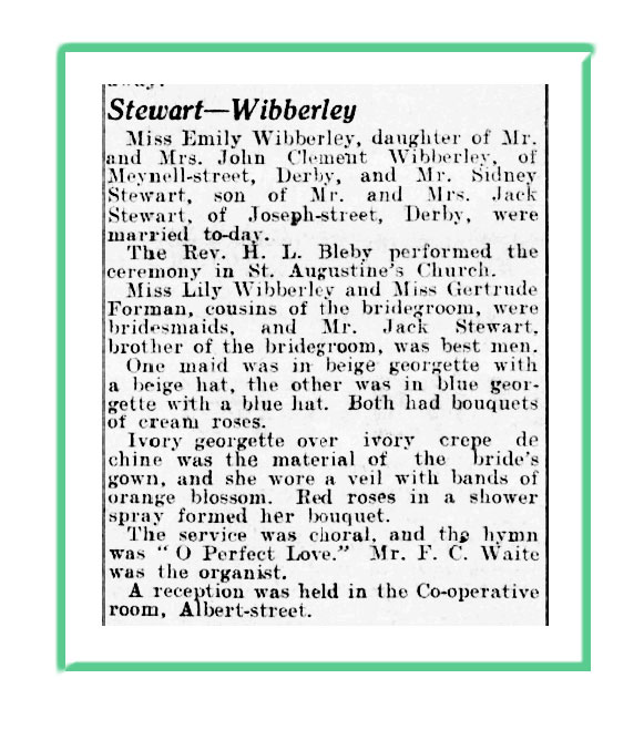 Article from Derby Telegraph Emily Wibberley's Marriage to Sidney Stewart