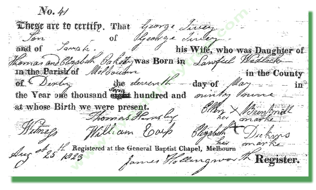George Tivey Baptism Certificate, Melbourne Baptist Chapel