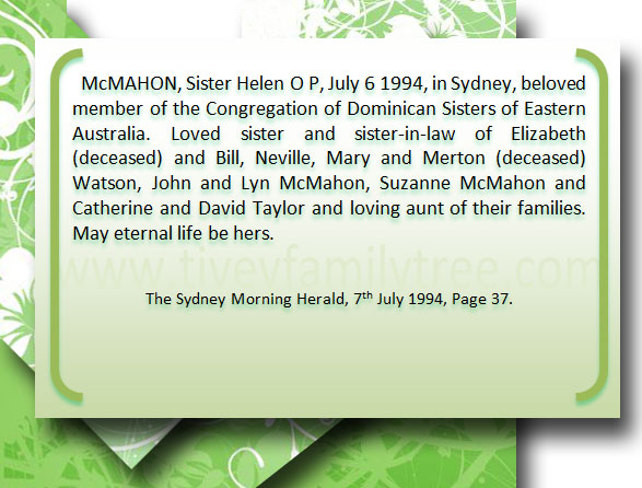 Sister Helen McMahon Death Notice