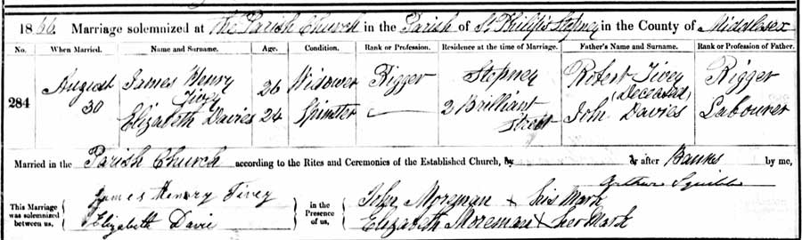 James Henry Tivey and Elizabeth Davies Marriage Certificate