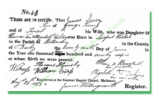 James Tivey Baptism Certificate, Melbourne Baptist Chapel