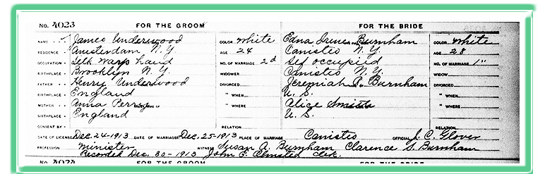 Marriage License for James Underwood and Edna Jane Burnham 1913
