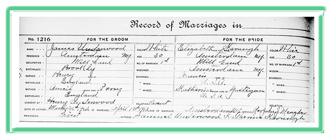 Marriage License for James Underwood and Elizabeth Kavaugh 1910