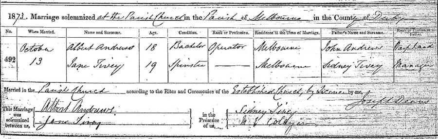 Jane Tivey and Albert Andrews  Marriage Certificate