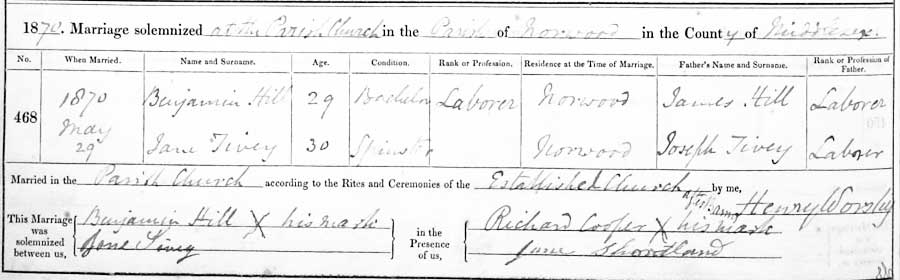 Jane Tivey and Benjamin Hill Marriage Certificate