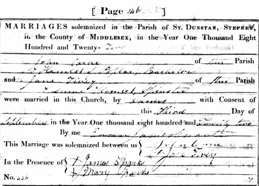 Jane Tivey and John Caine Marriage Certificate