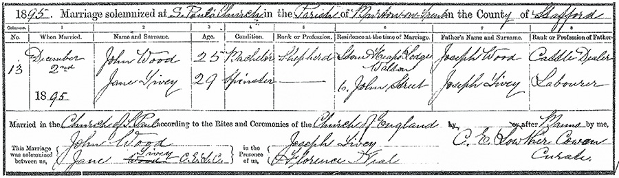Jane Tivey and John Wood Marriage Certificate