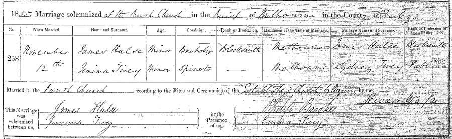 Jemima Tivey and James Hulse Marriage Certificate