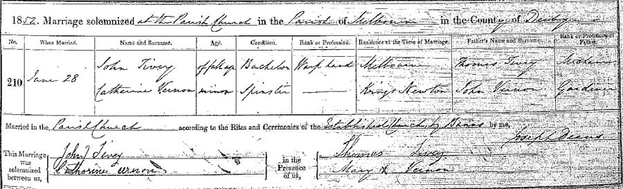 John Tivey and Catherine Vernon Marriage Certificate