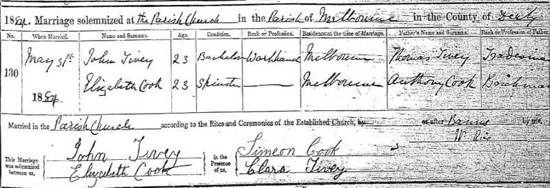 John Tivey and Elizabeth Cook Marriage Certificate