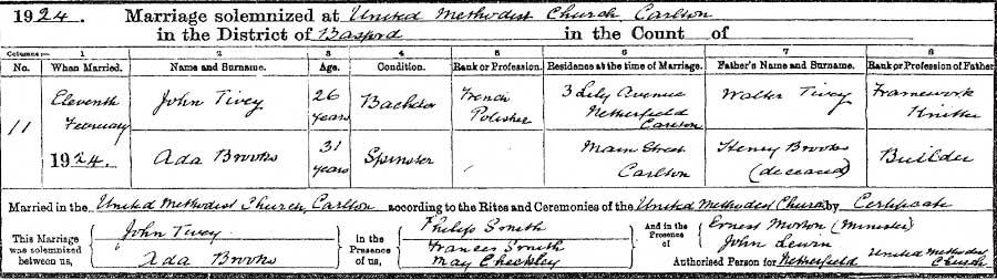 John Tivey and Ada Brooks Marriage Certificate