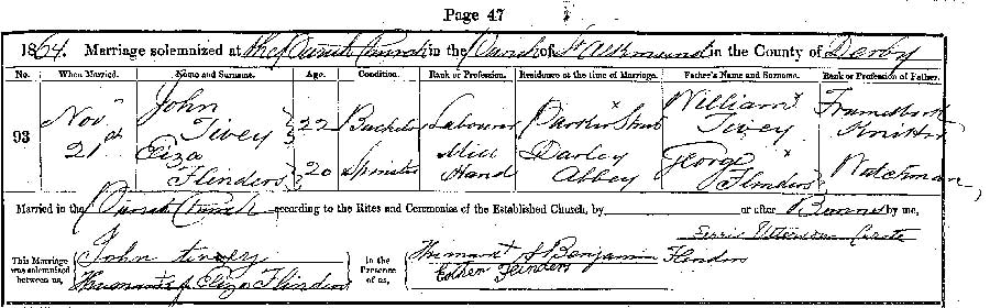 John Tivey & Eliza Flinders Marriage Certificate