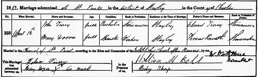 John Tivey and Mary Doxon Marriage Certificate