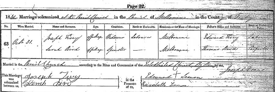 Joseph Tivey and Sarah Bird Marriage Certificate