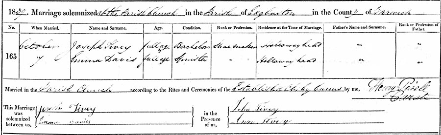 Joseph Tivey & Emma Davis Marriage Certificate
