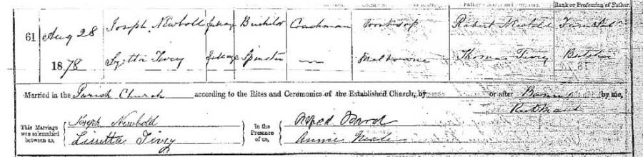 Lizetta Tivey and Joseph Newbold Marriage Certificate