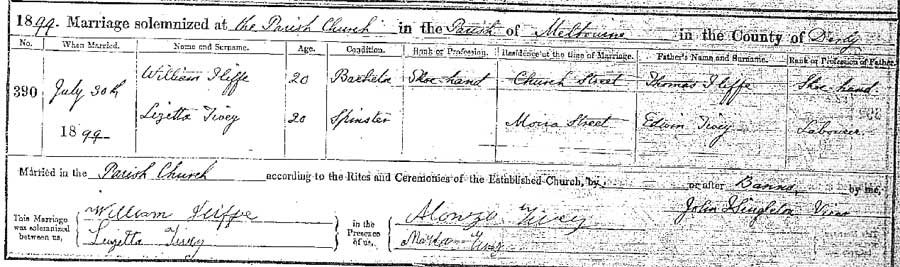 Lizetta Tivey and William Iliffe Marriage Certificate