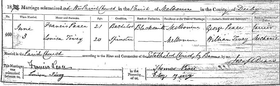 Louisa Tivey and Francis Peace Marriage Certificate