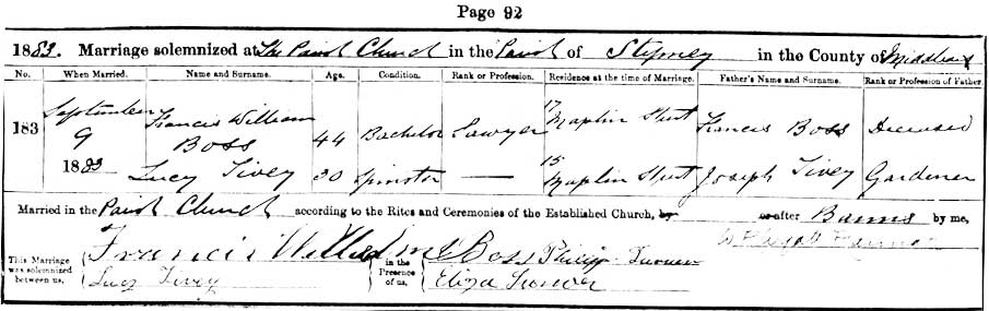 Lucy Tivey and Francis Willliam Boss Marriage Certificate