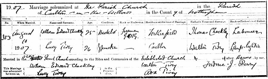 Lucy Tivey and William Edward Checkley Marriage Certificate