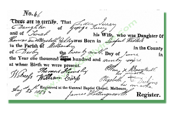 Lydia Tivey Baptism Certificate, Melbourne Baptist Chapel