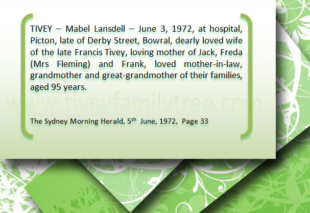 Mabel  Tivey Death Notice (Mabel Lansdell Elphick)