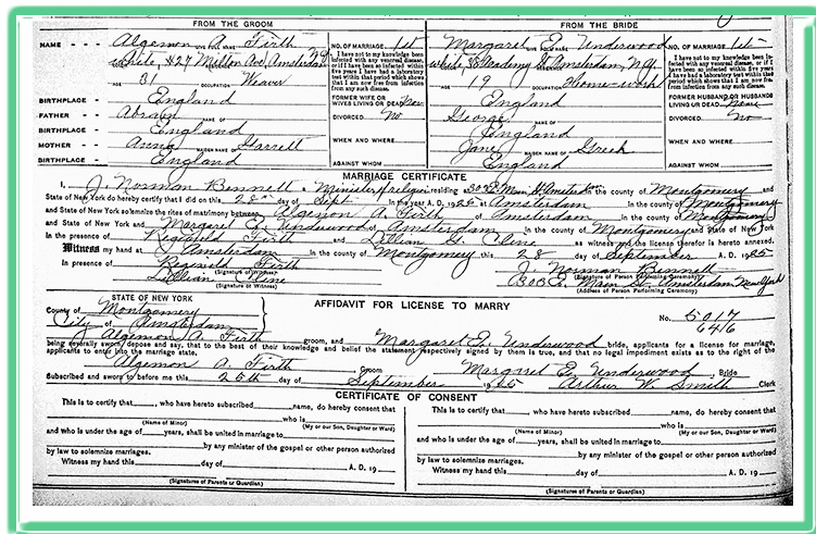 Marriage License for Margaret Underwood and Algernon Firth