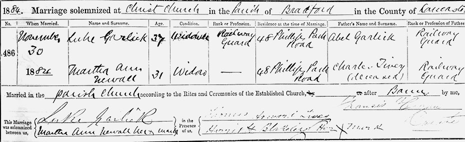 Martha Ann Tivey and Luke Garlick Marriage Certificate