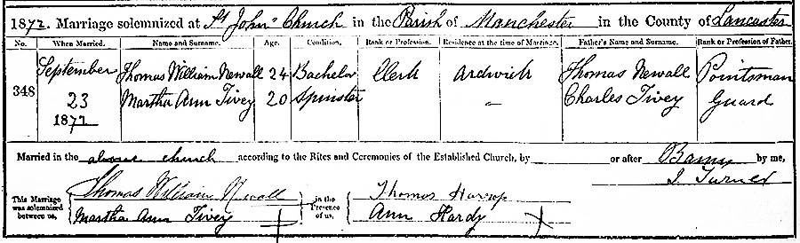 Martha Ann Tivey and Thomas William Newall Marriage Certificate