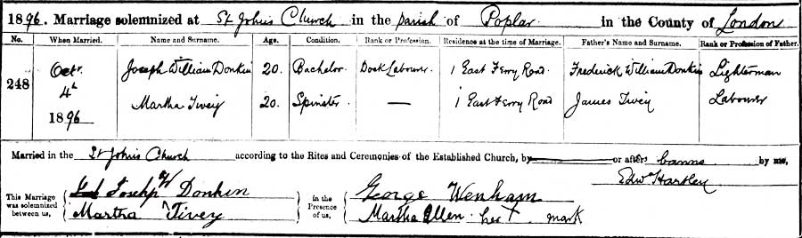 Martha Tivey and Joseph William Donkin Marriage Certificate
