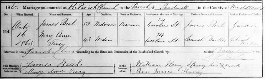Mary Ann Tivey and James Beal Marriage Certificate