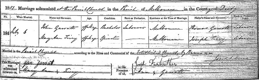 Mary Ann Tivey and John Garratt  Marriage Certificate