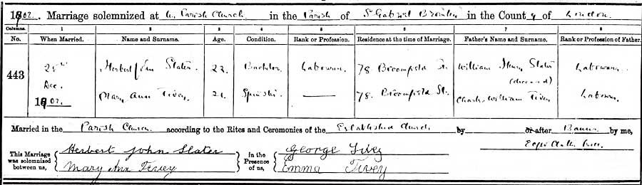Mary-Ann-Tivey and Herbert-John-Slater Marriage Certificate