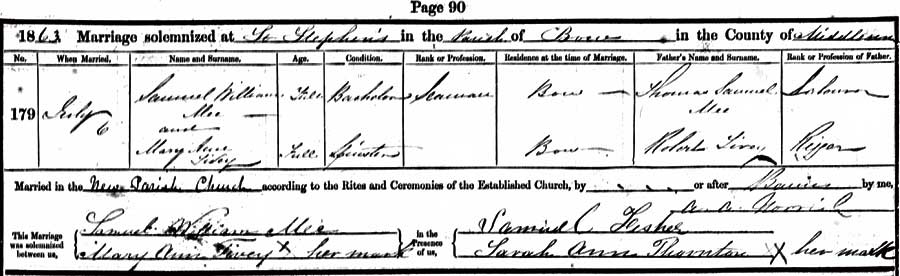 Mary-Ann-Tivey and Samuel William Mee Marriage Certificate