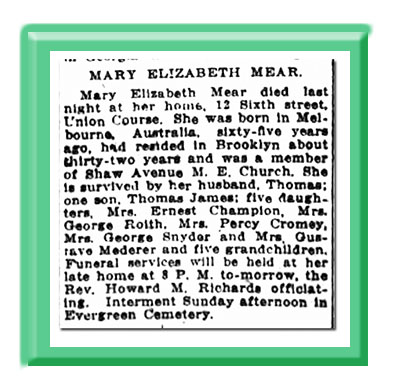 Mary Elizabeth Underwood (nee Mear) Obituary 1918 Broadalbin New York