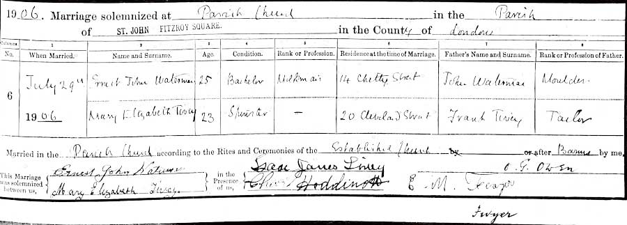 Mary-Elizabeth-Tivey and Ernest-John-Waterman Marriage Certificate