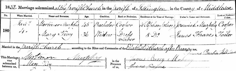 Mary Tivey and Mortimer Murphy Marriage Certificate