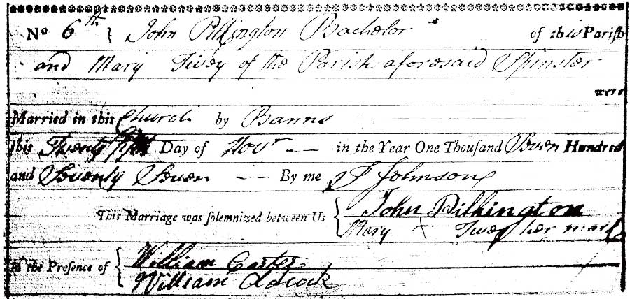 Mary-Tivey and John Pilkington Marriage Certificate