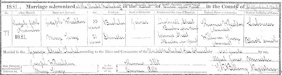 Mary-Tivey and Joseph Wheeldon Marriage Certificate