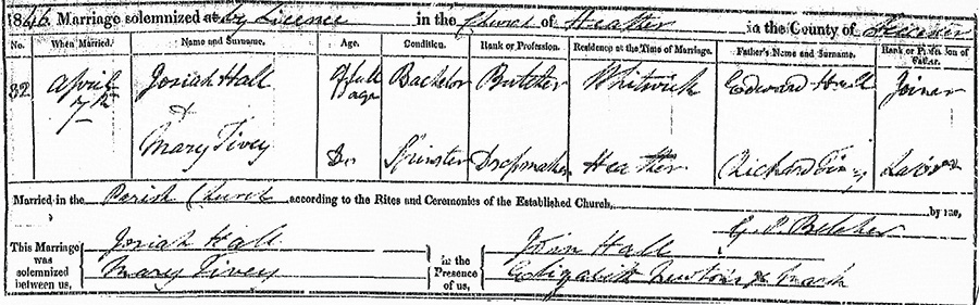 Mary Tivey and Josiah Hall Marriage Certificate