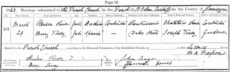 Mary Tivey and Reuben Oliver Marriage Certificate