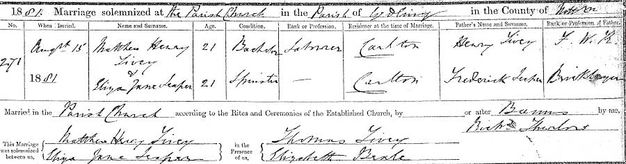 Matthew Henry Tivey and Eliza Jane Leaper Marriage Certificate