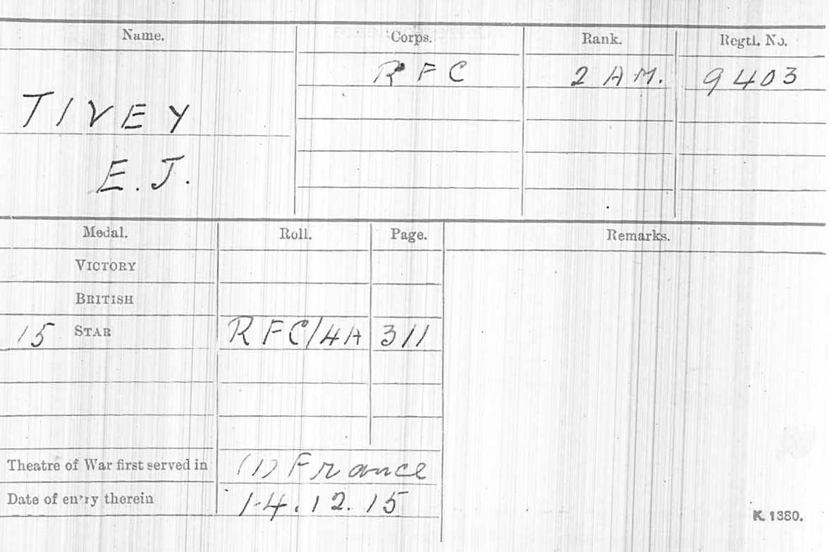 Ernest Joseph Tivey WWI Medal Card