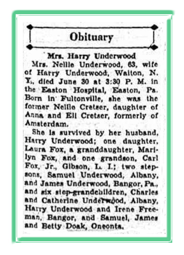 Nellie Crester Underwood Obituary New York 1939