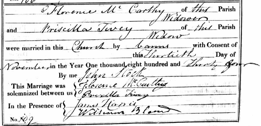 Priscilla Tivey nee Haywood and Florance McCarthy Marriage Certificate
