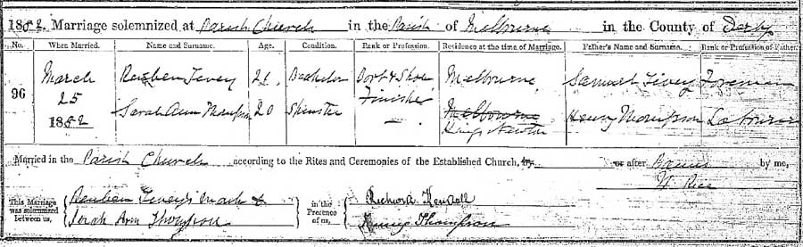 Reuben Tivey and Sarah Ann Thompson Marriage Certificate