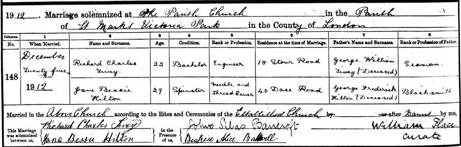Richard-Charles-Tivey and Jane-Bessie-Hilton Marriage Certificate