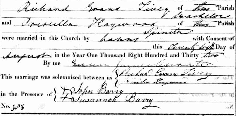 Richard Evans Tivey and Priscilla Haywood Marriage Certificate